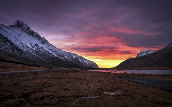 amanecer, montañas, nieve, mañana, noruega, valle