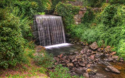greens, park, spring, beautiful waterfall, man-made waterfalls