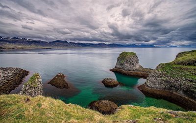 rock, costa, o céu, snaefellsnes, islândia