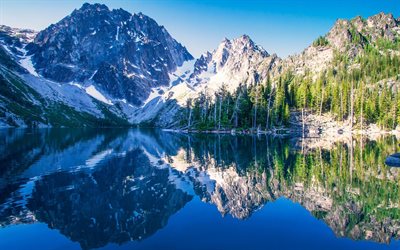 美しい湖, 山々, ロック, 湖kolchak, カスケード山脈, ワシントン, 米国, colchuck湖, colchuck пик, カスケードの範囲