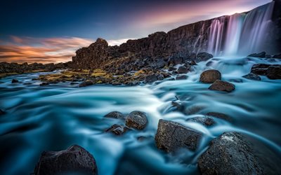 islândia, o rio aksaray, oxararfoss, agcareers, pedras, rio, rio oxara, cachoeira, amanhecer, arnessysla