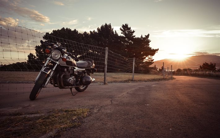 de la route, suzuki gs850, 2015, vélo, coucher de soleil, suzuki