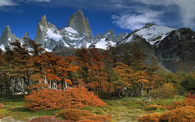 autumn, mountains, argentina, patagonia, snow, blue sky