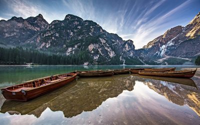 mountain landscape, wooden boats, mountain lake, mountains, dolomites, the lake, italy