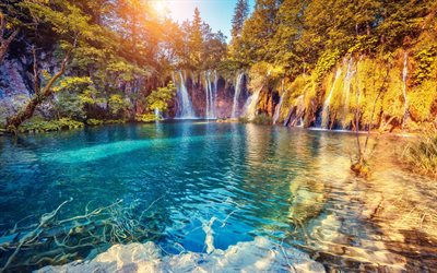cascata, lago, autunno, paesaggio, blakytne lago, privato, blu lago
