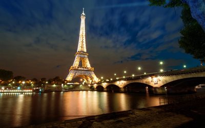 frankrike, paris, floden, kvällen, eiffeltornet, hö