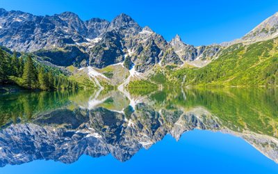 polônia, céu azul, verão, paisagem de montanha, montanhas, lago de montanha, tatras