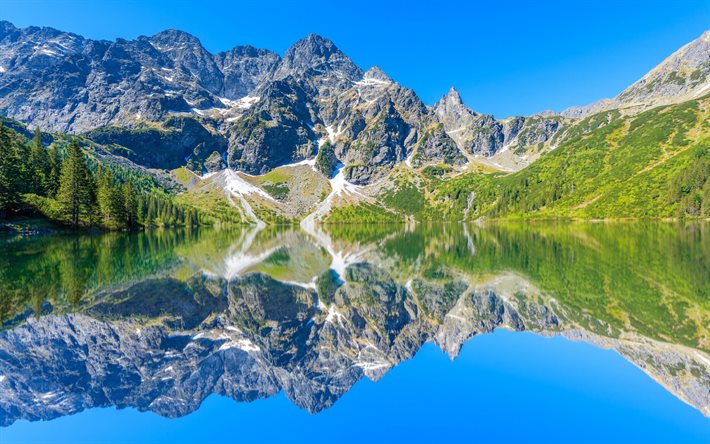 poland, blue sky, summer, mountain landscape, mountains, mountain lake, tatras