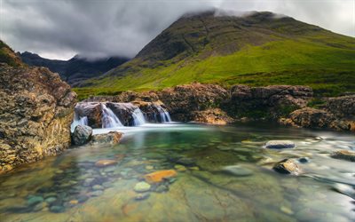 scotland, waterfall, fog, the lake, mountains, green hills