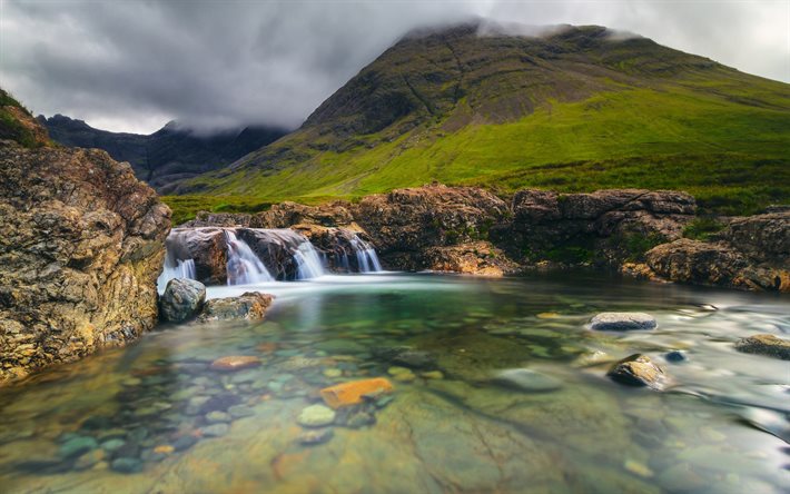 skotlanti, vesiputous, sumu, järvi, vuoret, vihreät kukkulat