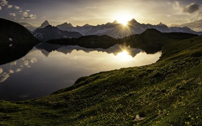 les montagnes, le lac, les collines, le lac penetr, grand saint bernard, le soir, les alpes, la suisse, le lac de fenetre