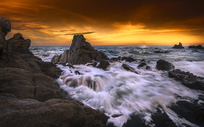 sunset, sea, rock, wave, stones