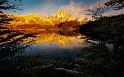 the sky, south america, mountains, argentina, sunset, the lake, patagonia, evening, andes