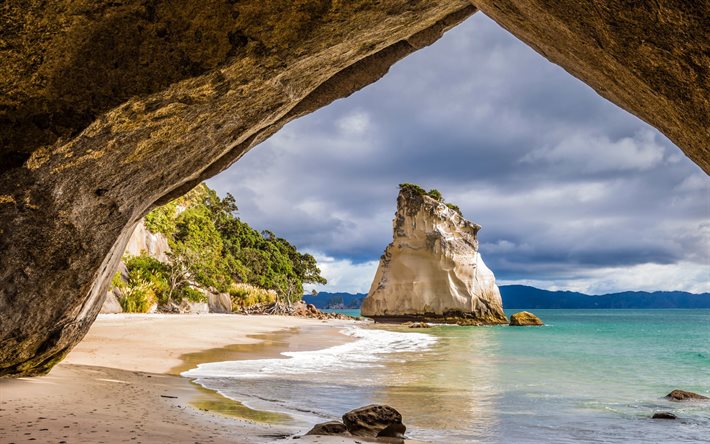 الرمال, البحر, خليج, روك, الشاطئ, نيوزيلندا