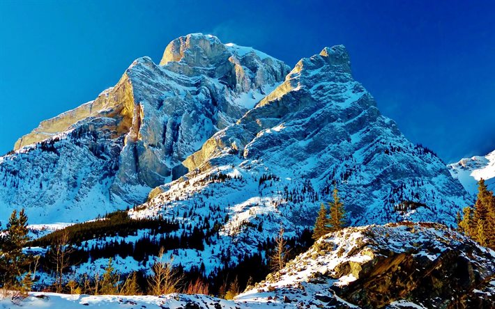roccia, montagna, montagne, inverno, neve, alberta, canada, kananaskis country
