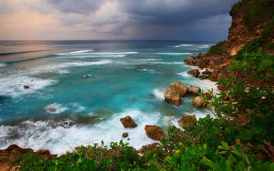 o oceano, costa, onda, rocha, indonésia, bali