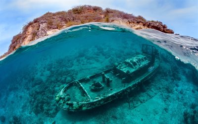 underwater, sinking ship, sea, island