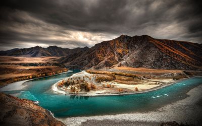 Altai, otoño, río azul, montañas, Rusia