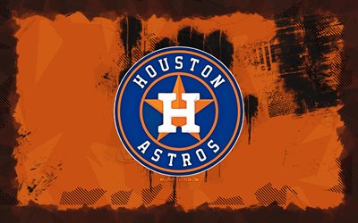 houston astros grunge logosu, 4k, mlb, turuncu grunge arka plan, beyzbol, houston astros amblemi, houston astros logosu, amerikan beyzbol takımı, houston astros