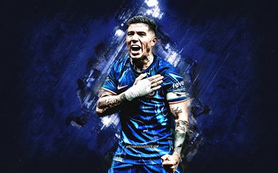 enzo fernandez, chelsea fc, arjantinli futbolcu, mavi taş arka plan, grunge art, premier lig, ingiltere, enzo fernandez chelsea, futbol