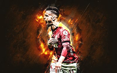 Yunus Akgun, SK Galatasaray, Turkish football player, grunge art, orange stone background, Türkiye, football, Galatasaray