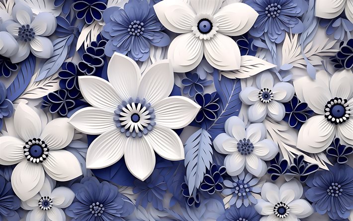 fiori 3d blu, 4k, opera d'arte, motivi floreali 3d, sfondi floreali, creativo, fiori 3d, sfondo con fiori, sfondi floreali blu