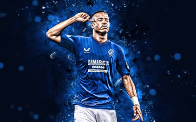 4k, Hamza Igamane, personal celebration, Rangers FC, Scottish Premiership, blue neon lights, Moroccan footballers, Hamza Igamane 4K, football, soccer, Hamza Igamane Rangers