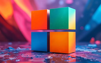 4k, microsoft 3d logo, bokeh, abstrakte 3d hintergründe, kreativ, kunstwerk, softwaremarken, microsoft logo, ms logo, microsoft