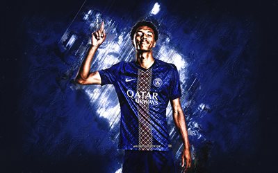 Noham Kamara, PSG, French footballer, blue stone background, grunge art, Paris Saint-Germain, Ligue 1, France, football, Noham Kamara PSG