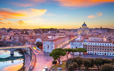 basílica de san pedro, 4k, atardecer, paisajes urbanos del horizonte, monumentos italianos, vaticano, europa, panorama del vaticano, paisaje urbano del vaticano