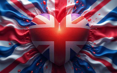 4k, eu amo a grã bretanha, bokeh, fundo ondulado de tecido, arte 3d, criativo, dia da grã bretanha, bandeira da grã bretanha, coração com bandeira britânica, corações 3d, bandeira britânica, grã bretanha, amor pela grã bretanha, bandeira do reino unido, união jack