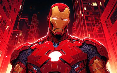 4k, homem de ferro, arte abstrata, super heróis, quadrinhos da marvel, paisagem noturna vermelha, arte do homem de ferro, criativo, homem de ferro 4k