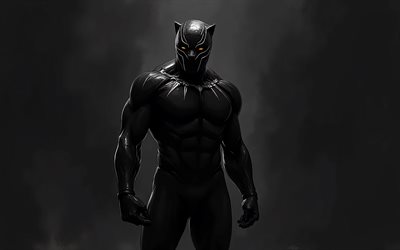 4k, 어둠 속의 블랙팬서, 슈퍼 히어로, 블랙팬서, 인기 캐릭터, 블랙팬서 슈퍼히어로, 검정색 배경, 어둠, 블랙팬서 캐릭터