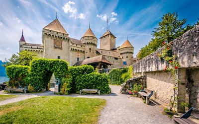 Castillo de Chillon, isla, Lago de Ginebra, el castillo, el verano, Suiza