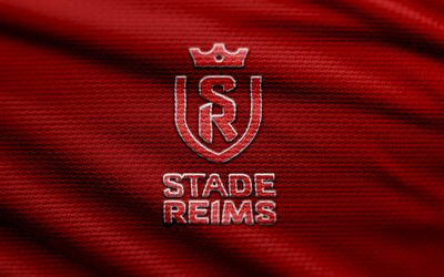 Stade de Reims fabric logo, 4k, red fabric background, Ligue 1, bokeh, soccer, Stade de Reims logo, football, Stade de Reims emblem, Stade de Reims, french football club, Reims FC