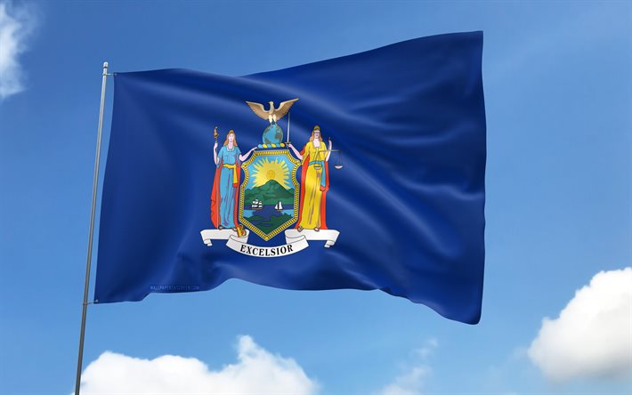 bandera de nueva york en la bandera, 4k, estados americanos, cielo azul, bandera de nueva york, banderas de satén ondulados, nuestros estados, asta de bandera con banderas, estados unidos, día de nueva york, eeuu, nueva york