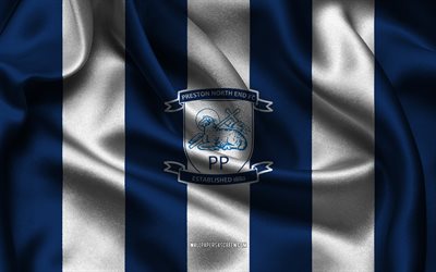 4k, Preston North End FC logo, blue white silk fabric, English football team, Preston North End FC emblem, EFL Championship, Preston North End FC, England, football, Preston North End FC flag, soccer