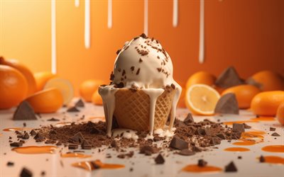 ice cream with chocolate, sweets, ice cream, chocolate, basket of ice cream, oranges