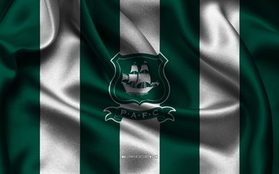 4k, Plymouth Argyle FC logo, green white silk fabric, English football team, Plymouth Argyle FC emblem, EFL Championship, Plymouth Argyle FC, England, football, Plymouth Argyle FC flag, soccer