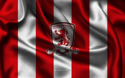 4k, middlesbrough fc  logo, punainen valkoinen silkkikangas, englantilainen jalkapallojoukkue, middlesbrough fc  tunnus, efl  mestaruus, middlesbrough fc, englanti, jalkapallo, middlesbrough fc  lippu
