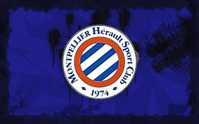 montpellier hsc grunge logo, 4k, ligue 1, fundo azul grunge, futebol, montpellier hsc emblem, montpellier hsc logo, clube de futebol francês, montpellier fc