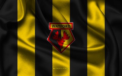 4k, logo watford fc fc, tissu de soie noire jaune, équipe de football anglaise, emblème du watford fc, championnat efl, watford fc, angleterre, football, drapeau watford fc
