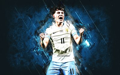Facundo Pellistri, Uruguay national football team, Uruguayan football player, blue stone background, Uruguay, football, grunge art