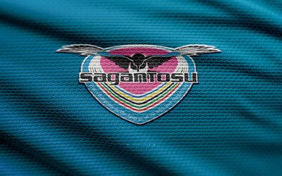 sagan tosu 패브릭 로고, 4k, 파란색 직물 배경, j1 리그, 보케, 축구, sagan tosu 로고, sagan tosu emblem, 사간 토스, 일본 축구 클럽, sagan tosu fc