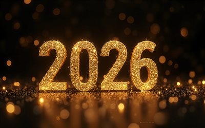 2026 hyvää uutta vuotta, 2026 kimaltelevat kultaiset numerot, hyvää uutta vuotta 2026, musta tausta, 2026 konseptit, 2026 uusi vuosi, 2026 onnittelukortti