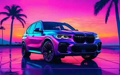 4k, bmw x5, arte retroonda, puesta de sol abstracta, palmas, sintetizador futuro, bmw x5 retrowave, autos abstractos, microondas, creativo, bmw