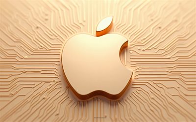 apple 3d भूरा लोगो, 4k, सेब का चिन्ह, सेब का प्रतीक, एप्पल लोगो, हल्के भूरे रंग की पृष्ठभूमि, सेब