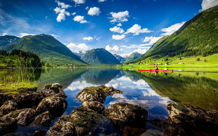 Noruega, el lago, el verano, Heimdal, montañas, Sogn og Fjordane