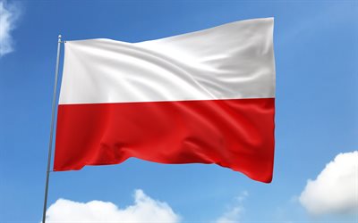 Poland flag on flagpole, 4K, European countries, blue sky, flag of Poland, wavy satin flags, Polish flag, Polish national symbols, flagpole with flags, Day of Poland, Europe, Poland flag, Poland