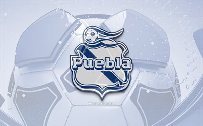 glänzendes logo von club puebla, 4k, blauer fußballhintergrund, liga mx, fußball, mexikanischer fußballverein, club puebla 3d logo, club puebla emblem, puebla fc, sport logo, club publa